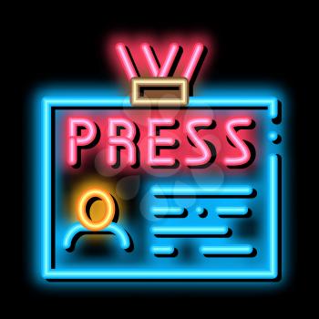 Press Badge Card neon light sign vector. Glowing bright icon Press Badge Card isometric sign. transparent symbol illustration