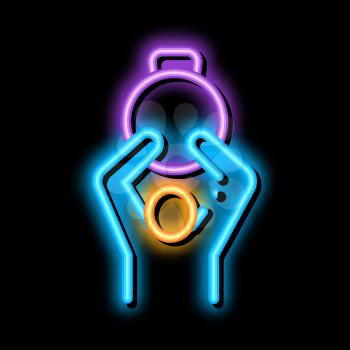 Man Hold Weight neon light sign vector. Glowing bright icon Man Hold Weight isometric sign. transparent symbol illustration