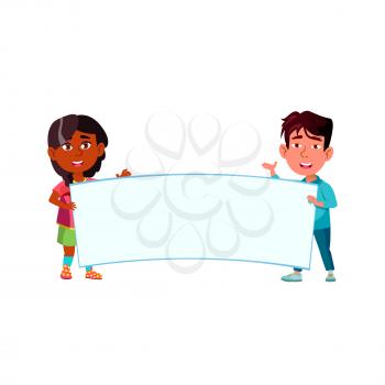 Children Holding Blank Poster Together Vector. Preteen Indian Girl And Asian Boy Kids Holding Poster On Meeting Or Event Support Team. Smiling Happy Characters With Banner Flat Cartoon Illustration