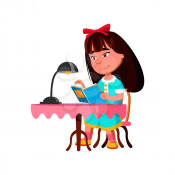 Girl Sitting At Table And Reading Book Vector. Asian Small Lady Child Read Education Book, Lighting Lamp On Desk. Chinese Character Infant Studying Literature Flat Cartoon Illustration