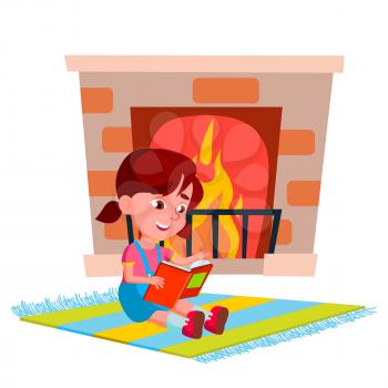 Girl Sit Near Fireplace And Reading Book Vector. Child Preteen Lady Sitting On Carpet Near Burning Flame And Read Interesting Book. Character Infant Knowledge Flat Cartoon Illustration