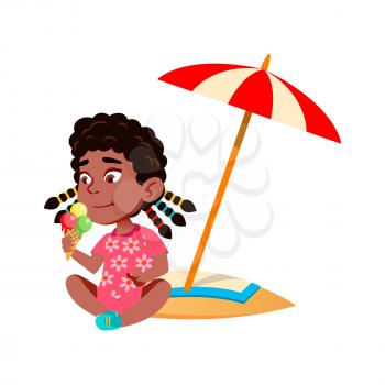 Girl Sitting On Beach And Eating Ice Cream Vector. African Preteen Child Lady Sit On Beach Sand And Eat Delicious Dessert. Character Kid Relaxing Under Umbrella On Seaside Flat Cartoon Illustration