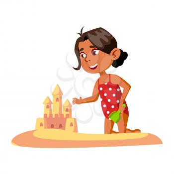 Girl Building Sandy Castle On Beach Seaside Vector. Happy Hispanic Preschool Lady Construct Castle From Sand. Character Infant Funny Leisure Playful Time On Seacoast Flat Cartoon Illustration