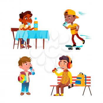 Boys Kids Drinking Delicious Drink Set Vector. African Child Ride On Skateboard, Preteen Sitting On Bench And At Table, Infant With Ball Drinking Juice Or Water. Characters Flat Cartoon Illustrations