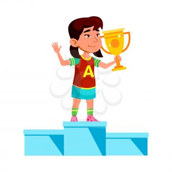 Girl Child Winner On Pedestal With Reward Vector. Asian Preteen Lady Holding Golden Mug Standing On Pedestal And Celebrate Victory In Sport Competition. Character Champion Flat Cartoon Illustration