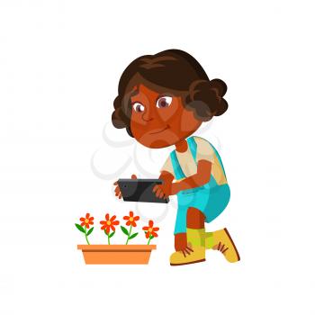 Girl Child Make Photography On Smartphone Vector. African Preteen Lady Making Photo Shoot On Smartphone Camera Flowers For Social Media. Character With Electronic Gadget Flat Cartoon Illustration