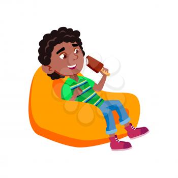 Boy Kid Eating Ice Cream In Soft Chair Vector. Happy African Preteen Child Sitting In Armchair And Eat Delicious Ice Cream. Character Infant Enjoying Cold Dessert Flat Cartoon Illustration