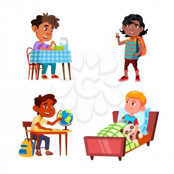 Boys Kids Doing Daily Routine Activity Set Vector. Preteen Schoolboy Waking Up And Eating Breakfast, Going To School And Studying On Lesson, Daily Routine. Characters Flat Cartoon Illustrations