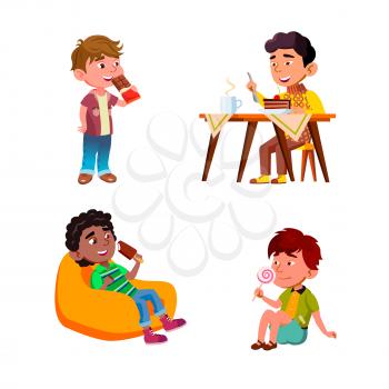 Boys Children Eating Delicious Sweets Set Vector. Kids Eat Delicious Chocolate And Lollipop, Ice Cream And Dessert Cake With Hot Drink. Characters Tasty Food Flat Cartoon Illustrations