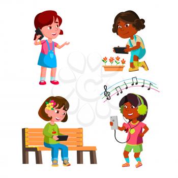 Girls Kids Using Smartphone Gadget Set Vector. Preteen Ladies Use Smartphone For Communication And Make Photography On Camera, Listening Music And Watching Video. Characters Flat Cartoon Illustrations