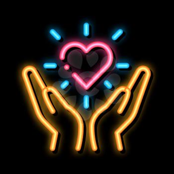 Hand Hold Heart neon light sign vector. Glowing bright icon Hand Hold Heart sign. transparent symbol illustration