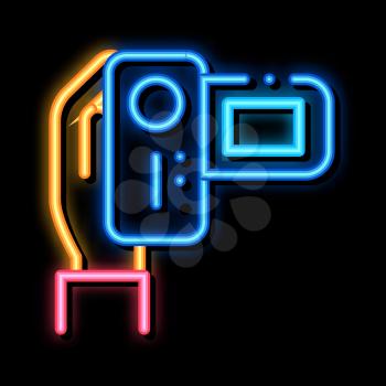 Video Camera neon light sign vector. Glowing bright icon Video Camera sign. transparent symbol illustration