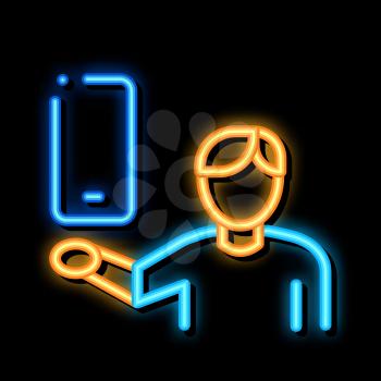 Man Hold Phone neon light sign vector. Glowing bright icon Man Hold Phone sign. transparent symbol illustration