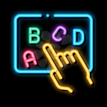 Hand Show Letter neon light sign vector. Glowing bright icon Hand Show Letter sign. transparent symbol illustration