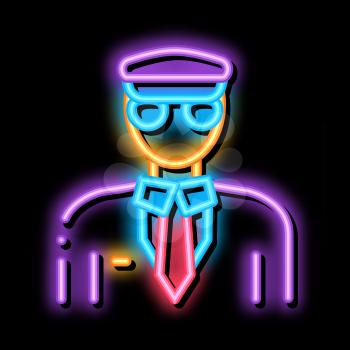 Pilot Aircraft Silhouette neon light sign vector. Glowing bright icon Pilot Human Wearing Professional Suit And Cap sign. transparent symbol illustration