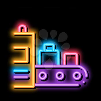 Luggage Security System neon light sign vector. Glowing bright icon Airport X-ray Equipment For Checking Passenger Baggage sign. transparent symbol illustration
