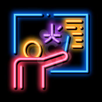 Foreign Language Teacher neon light sign vector. Glowing bright icon Human Teacher Pointing On Blackboard Concept Linear Pictogram. Education sign. transparent symbol illustration