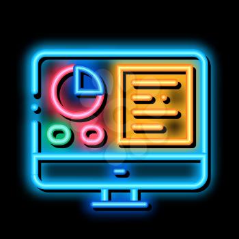 Analytics On Computer Screen neon light sign vector. Glowing bright icon Statistician Report On Computer Display With Infographic sign. transparent symbol illustration