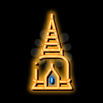 Thailand Religion Tower neon light sign vector. Glowing bright icon Antique Thai Tower Landmark Building, Attraction Architecture sign. transparent symbol illustration