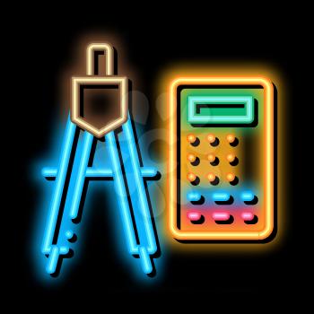 Calculator And Dividers neon light sign vector. Glowing bright icon Calculator And Compass Engineering Equipment For Measuring sign. transparent symbol illustration