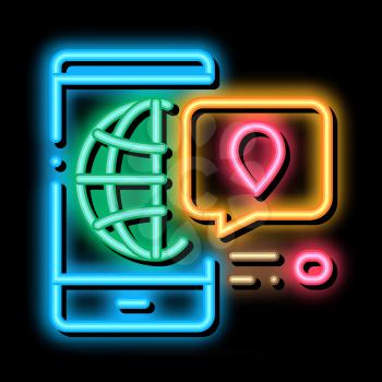 Smartphone World Gps Map neon light sign vector. Glowing bright icon Phone Application With Electronic Map, Quote Frame With Mark sign. transparent symbol illustration