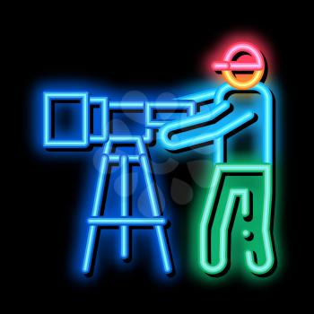 Human With Photo Camera neon light sign vector. Glowing bright icon Traveler Hiker Man With Professional Camera Equipment sign. transparent symbol illustration