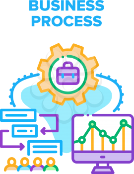 Business Process Strategy Vector Icon Concept. Business Process Plan And Phased Action Of Manager, Analysis Of Investment Infographic On Computer Screen And Finance Management Color Illustration