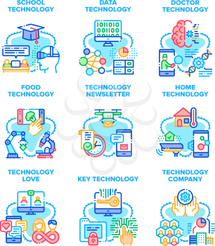 Technology Company Set Icons Vector Illustrations. School And Data Technology, Newsletter Delivery And Food Researching, Doctor Examination And Digital Key Development Color Illustrations