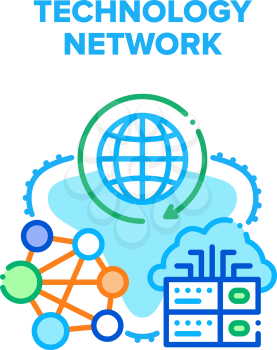 Global Technology Network Vector Icon Concept. Server Technology Network, Electronic Equipment For Communication On Internet, Social Media Connection And Networking System Color Illustration