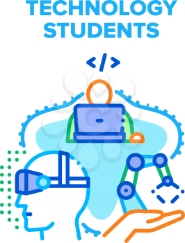 Technology Students For Study Vector Icon Concept. Technology Students For Learning Language And Programming Robotic Arm, People Watch Educational Lesson In Vr Glasses Color Illustration