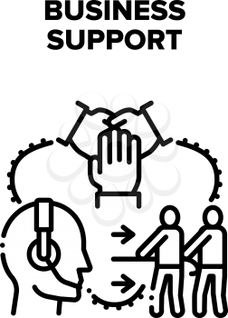 Business Support And Advise Vector Icon Concept. Online Business Support And Adviser Consultation, Team Work And Businessman Help In Competition. Cooperation And Partnership Black Illustration
