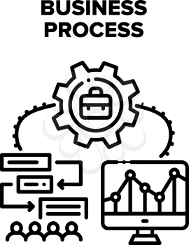 Business Process Strategy Vector Icon Concept. Business Process Plan And Phased Action Of Manager, Analysis Of Investment Infographic On Computer Screen And Finance Management Black Illustration