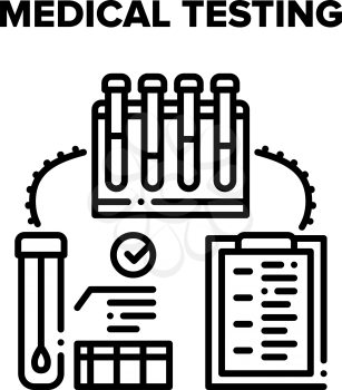 Medical Testing Laboratory Vector Icon Concept. Blood And Dna Medical Testing With Lab Equipment And Flask, Assistant Working With Dispenser, Medicine Occupation Black Illustration