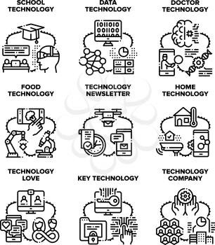 Technology Company Set Icons Vector Illustrations. School And Data Technology, Newsletter Delivery And Food Researching, Doctor Examination And Digital Key Development Black Illustration