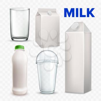 Milk Drink Beverage Blank Packages Set Vector. Bottle And Carton Boxes, Plastic And Glass Cup Collection Of Different Containers. Packaging For Kephir Or Yogurt Template Realistic 3d Illustrations