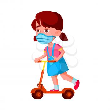 Girl Child Wear Facial Mask Riding Scooter Vector. Caucasian Preschool Child Wearing Protective Facial Mask Ride Transport In Park. Character Infant Active Time Flat Cartoon Illustration