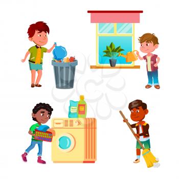 Boys Kids Cleaning And Doing Housework Set Vector. Children Watering Domestic Plant And Cleaning Floor With Broom, Throw Out Trash And Washing Clothes. Characters Flat Cartoon Illustrations