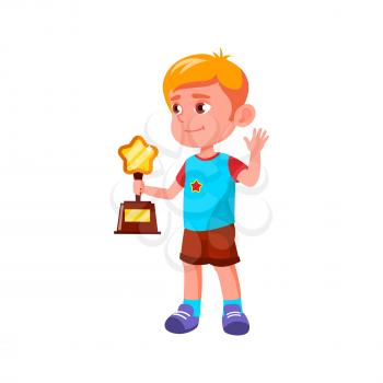 Boy Child Won Award In Sportive Competition Vector. Caucasian Preteen Kid Holding Trophy In Star Form And Celebrating Successful Achievement In Sport. Character Flat Cartoon Illustration