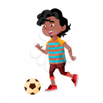 Boy Kid Kicking Soccer Ball On Stadium Vector. African Little Child Playing Football And Kick Ball On Playground Field. Happy Character Schoolboy Enjoy Sport Game Flat Cartoon Illustration