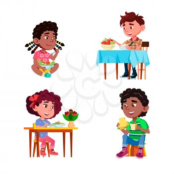 Children Eat Salad Healthy Natural Dish Set Vector. Boys And Girls Eating Salad Delicious Healthcare Meal Food, Apple Fruit, Sandwich And Drinking Drink. Characters Flat Cartoon Illustrations