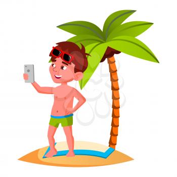 Boy Kid Photographing On Smartphone Camera Vector. Happy Smiling Caucasian Child Standing On Sandy Beach And Make Photo On Smartphone Gadget. Character Vacation Flat Cartoon Illustration