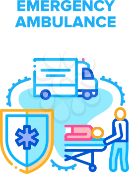 Emergency Ambulance Vector Icon Concept. Emergency Ambulance Paramedic Team Moving Patient On Stretcher In Car For Transportation To Clinic. First Aid And Treatment Color Illustration