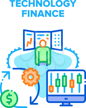 Technology Finance Vector Icon Concept. Digital Technology Finance Market Monitoring And Trade Financial Graph, Money Currency Exchange And Researching Price Infographic Color Illustration