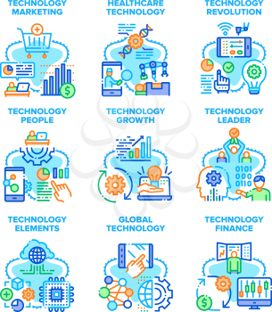 Global Technology Set Icons Vector Illustrations. Global Technology And Growth Finance, People Healthcare Treatment Machine And Revolution, Marketing And Leader Color Illustrations