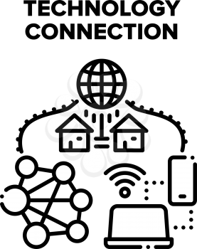 Technology Connection Vector Icon Concept. Wifi Wireless Internet Network Connect Mobile Phone And Computer Laptop, House Global Technology Connection Electronic Equipment Black Illustration