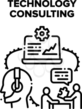 Technology Consulting Vector Icon Concept. Technology Consulting Worker Advising Customer Online, Support Service Advisor Consult Client On Call Or In Electronics Store Black Illustration