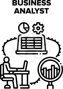 Business Analyst Vector Icon Concept. Business Analyst Monitoring And Analyzing Price On Trade Market, Researching Infographic Working Process. Businessman Occupation Black Illustration