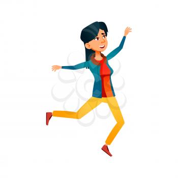 Girl Teen Walk With Jump Outdoor Activity Vector. Asian Teenager Girl Walking And Jumping In Park Nature. Character Young Lady Enjoying With Positive Expression Flat Cartoon Illustration