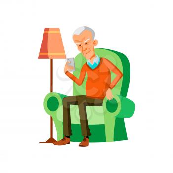 Old Man Reading Sms On Mobile Phone Screen Vector. Asian Elderly Guy Sitting In Living Room Armchair And Read Message Or Watching Photo On Phone Display. Character Flat Cartoon Illustration