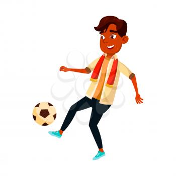 School Boy Playing Soccer Sport Team Game Vector. Hispanic Schoolboy Play With Ball In Soccer. Character Teenager Player Enjoying Football Active Sportive Time Flat Cartoon Illustration